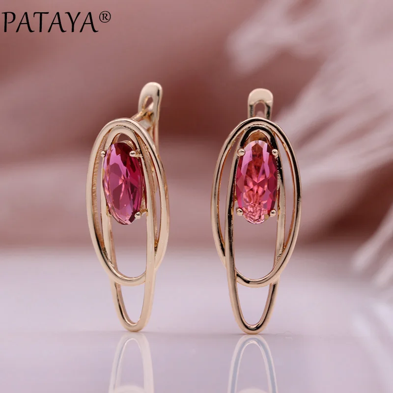 PATAYA New Oval Colorful Natural Zircon Drop Earrings Women Wedding Creative Fashion Jewelry 585 Rose Gold Color Hollow Earrings