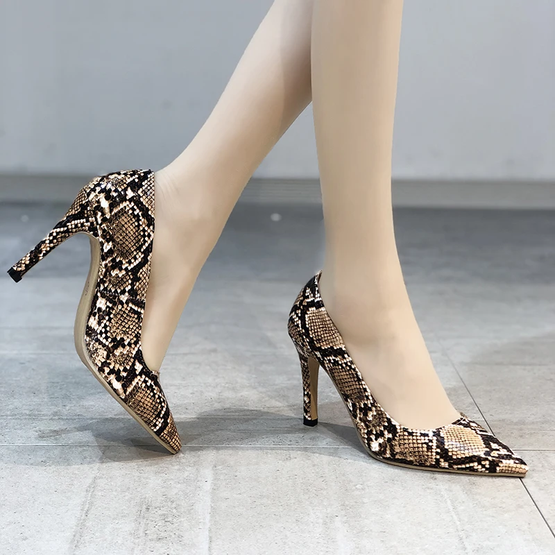 Aphixta 2022 New 9cm 10cm Thin Heels Shoes Women Pumps Pointed Toe Yellow Snake Prints Party Leisure Super Big Szie 45 46