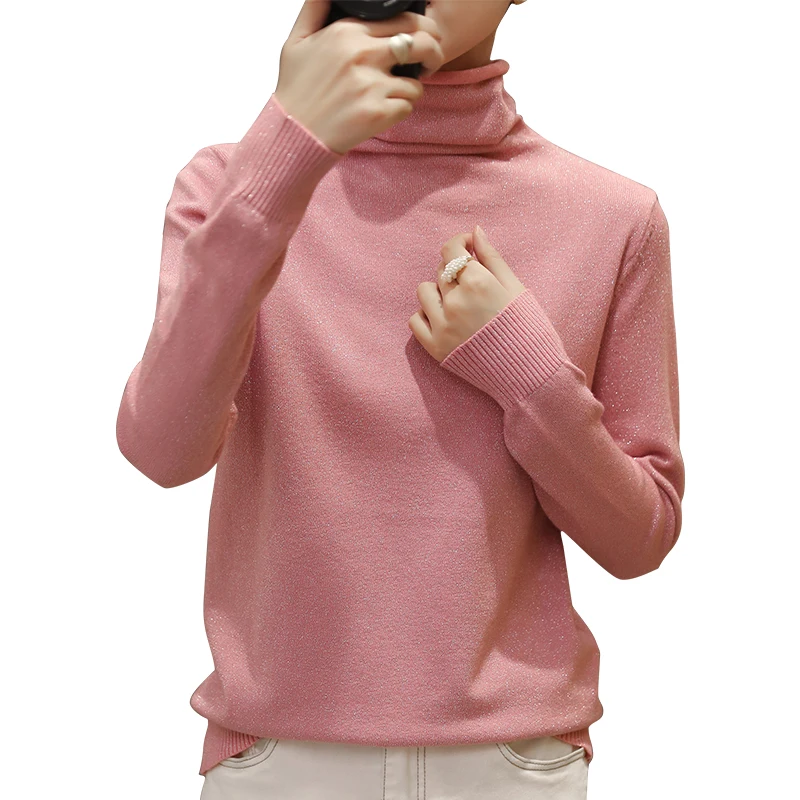 2023 Fall Winter New Pile Collar Women\'s Turtleneck Sweater Long Sleeves All-match Tops Bright Yarn Inner Knit Bottoming Shirt