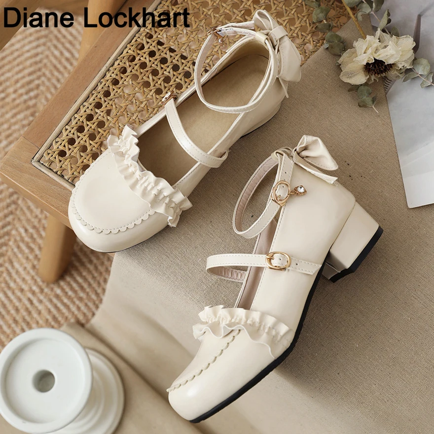 

Dropshipping Lolita Pumps Cross Strap Women Spike High Heels Mary Jane Party Shoes Cosplay Ruffles Bow Princess Shallow 32 33 41