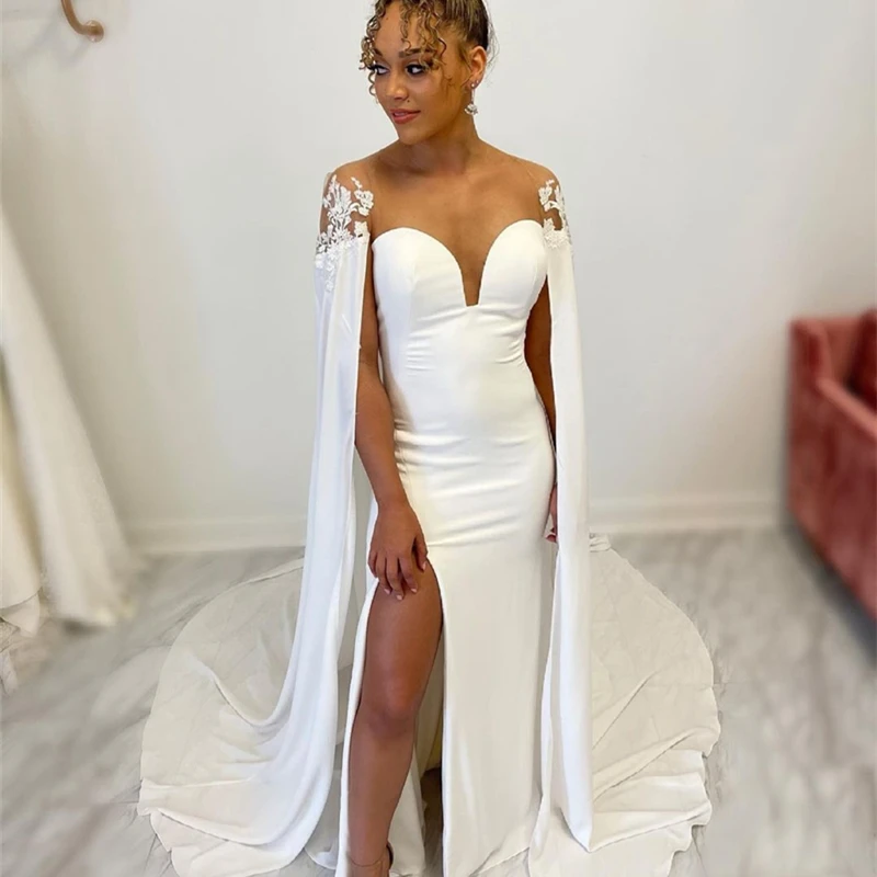 Sirene Sexy abito da sposa con scollo a v profondo Brilliant Split Satin a-line abito da sposa manica staccabile per abiti da donna De Noiva