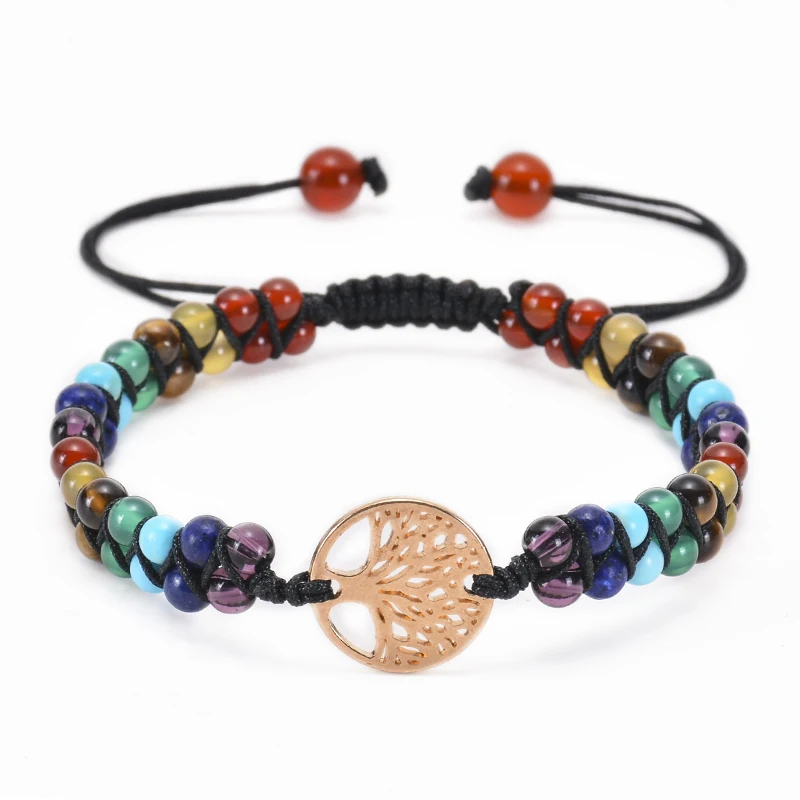 Tree of Life Chakra Bracelet Yoga Healing Crystal Stone Bracelets Double Layered Braided Natural Beads Bracelets for Women Girl