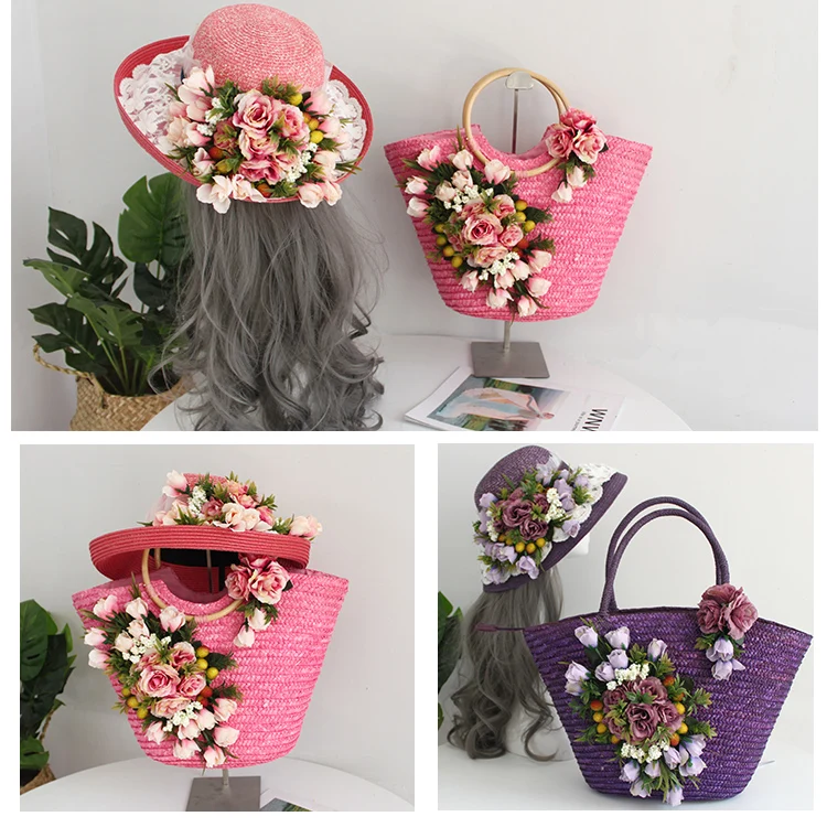 Sweet Lace and Artificial Rose Lily Flower Beach Bag Hat Suit Elegant Straw Customized Handbag for Summer Vacation Women Lady