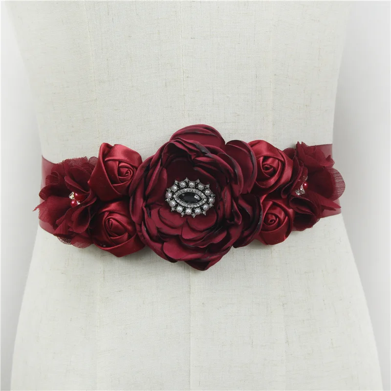 Roze Bourgondië Witte Bloem Riemen Voor Vrouwen Meisje Bloem Stijl Bruids Prom Dress Accessoires Bruidsmeisje Sash Bloemen Riem Tailleband