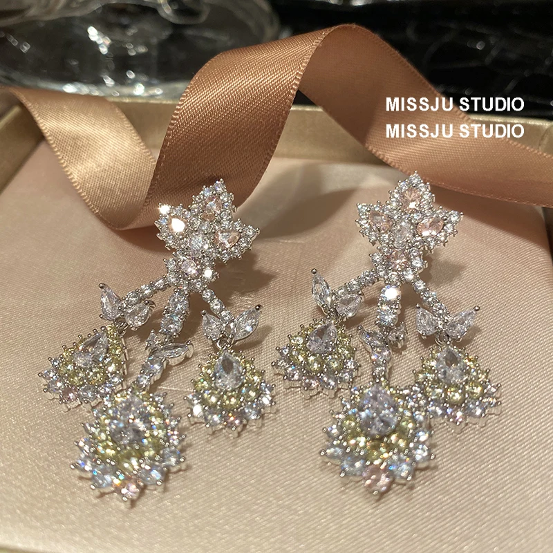 925 Silver Needle Drop Earrings For Women Wedding Accessories Engagement Long Flower Water Drop Gorgeous Bridal Fine Jewelry