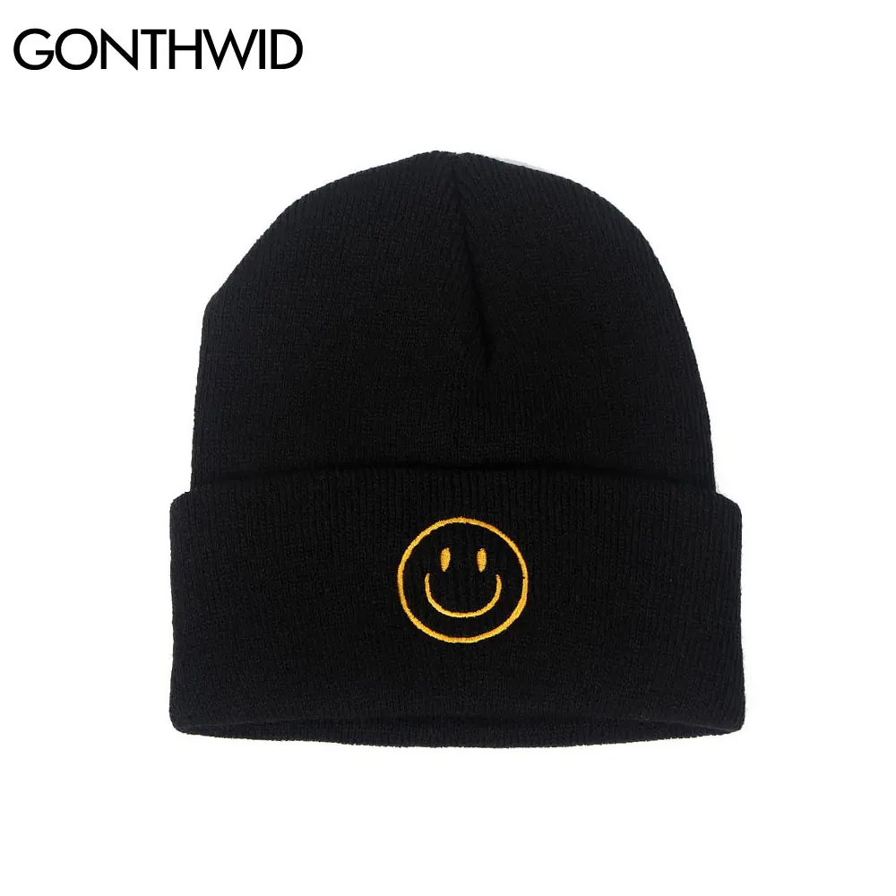 GONTHWID Beanie Plain Knit Hats Hip Hop Harajuku Embroidery Smile Face Warm Cuff Cap Slouchy Skull Ski Beanies Casual Bonnets