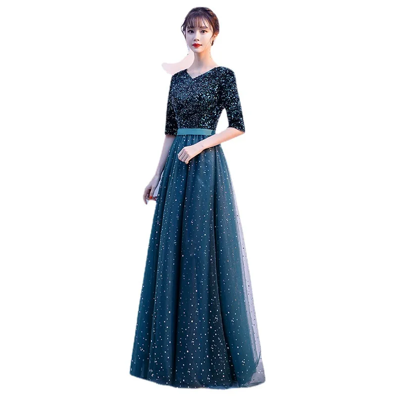 Robe de soirée d'anniversaire pour femmes, col en v, demi manches, robe de Cocktail douce, ceinture à paillettes, ligne a, robes de bal formelles