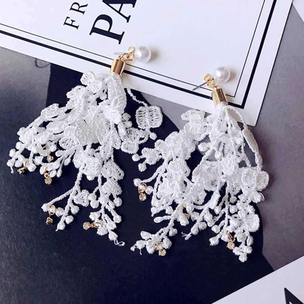 Fashion Lace Earring Female Drop Hanging Tassel Flower Fringe Dangle Statement Earring Boho Lace Women Wedding Pendant Jewelry