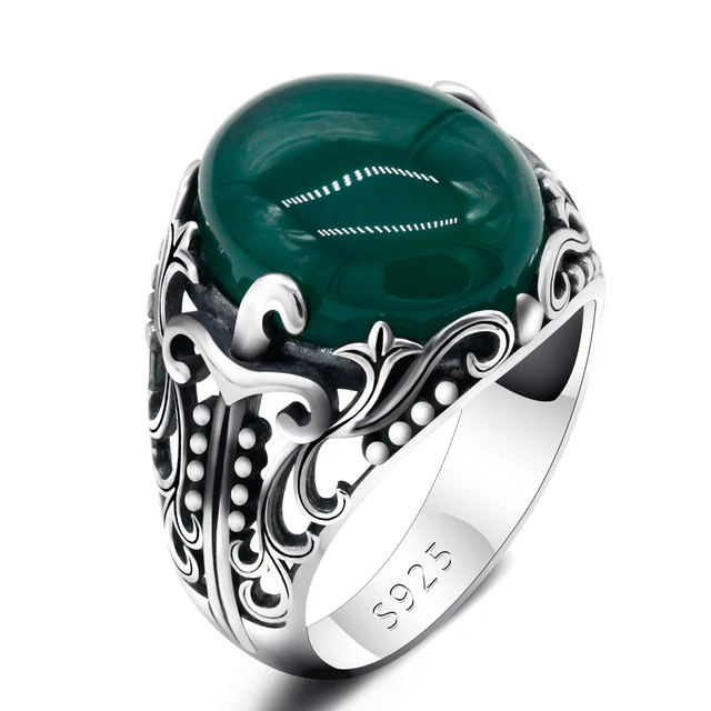 Retailer Green Agate Aqeeq Oval Silver Ring, Silver Handmade Jewelry, 925 Sterling Silver, For Men, Green Agate - Aqeeq