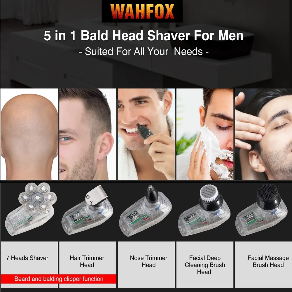 WAHFOX Electric Shaver For Men Transparent Care Digital Display Hair Trimmer Beard Razor Wet Dry Men Shaving Machine