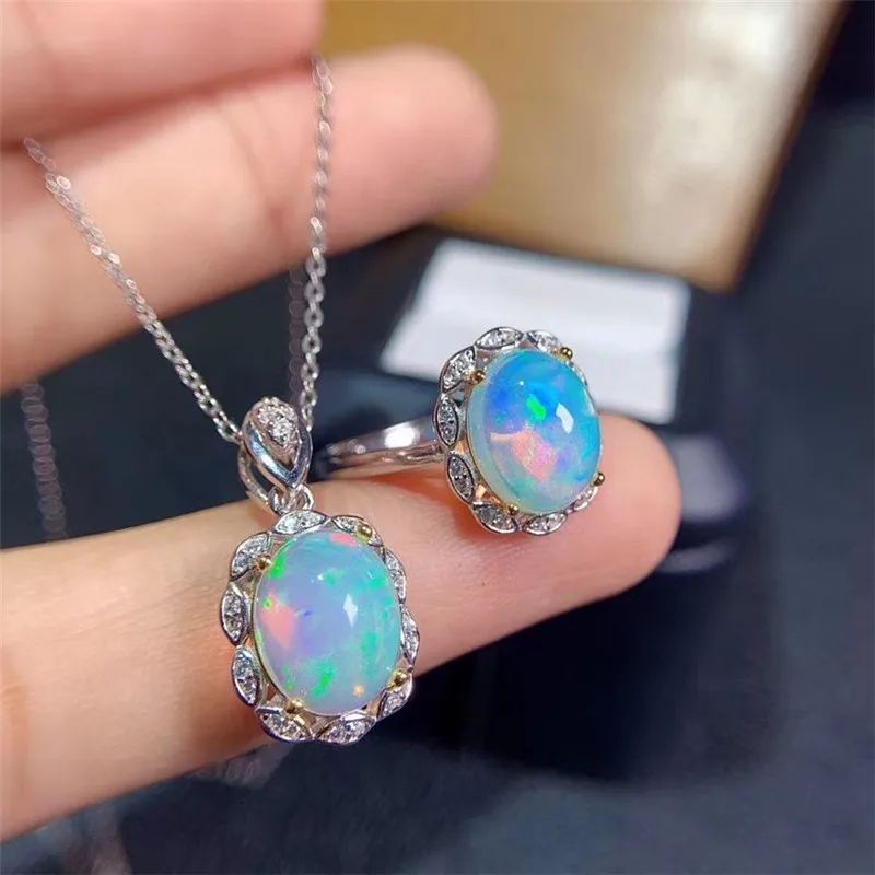 

Natural Opal Gemstone Sunflower Ring and Necklace 2 Pieces Siut for Women Real 925 Sterling Silver Fine Jewelry Set