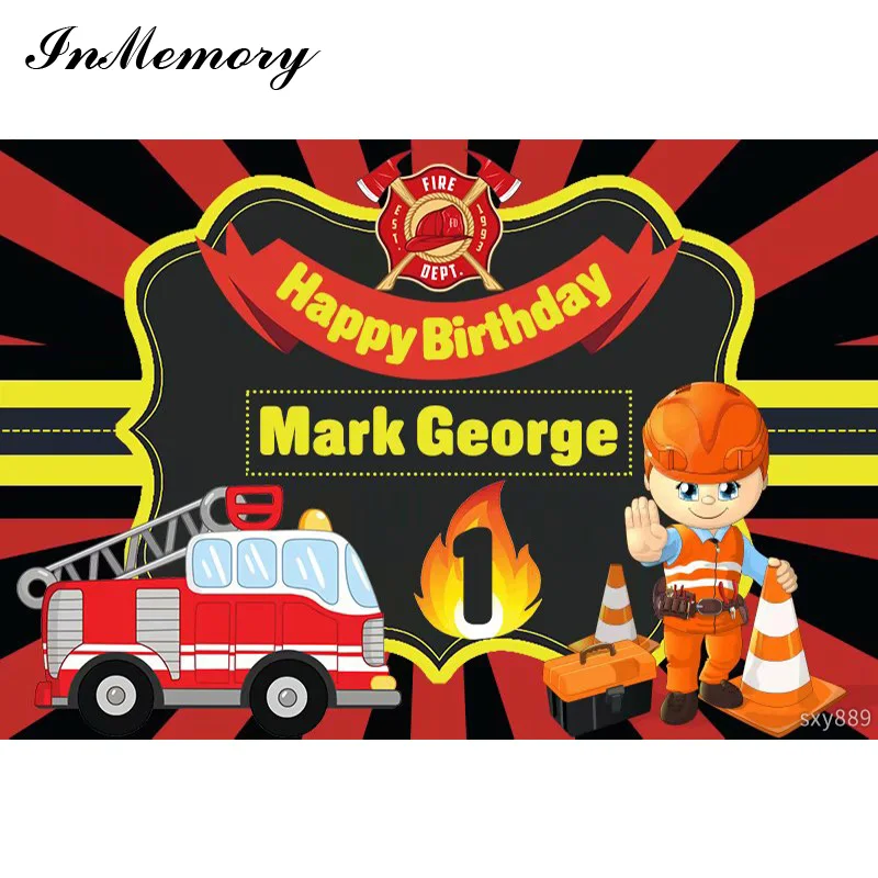 InMemory Fireman Background Fire Truck Children Birthday Party Photography Backdrop Customized Photo Booth Props Vinyl Photocall