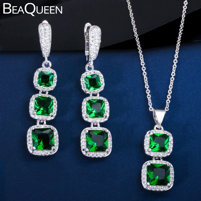 BeaQueen Trendy Green Cubic Zirconia Crystal Square Drop Earrings Pendant Necklace Sets for Women Evening Party Jewellery JS205