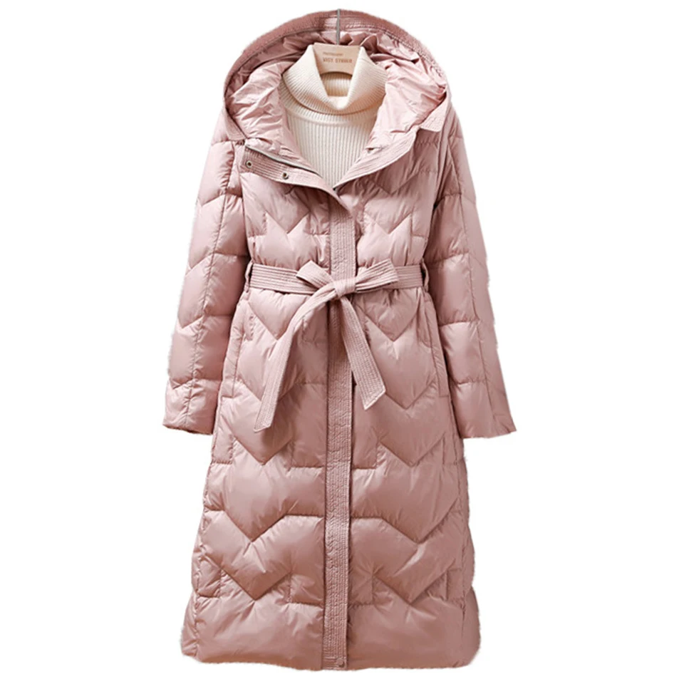 

Women's Down Jacket Mid-Length Hooded Long Sleeve Has A Belt With Zipper Women's Solid Color Warm Coat Slim Fashion Casual Style