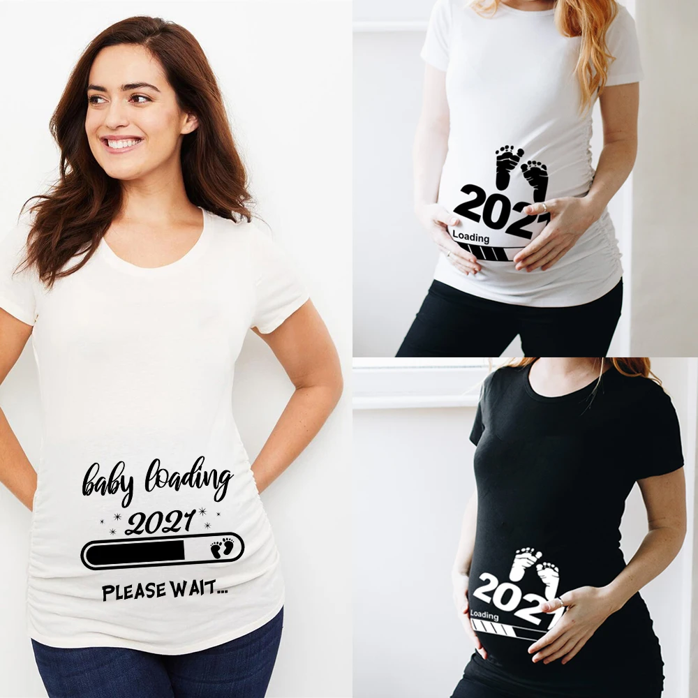 

Baby Loading 2021 Printed Pregnant T Shirt Maternity Short Sleeve T-shirt Pregnancy Announcement Shirt New Mom Tshirts Clothes