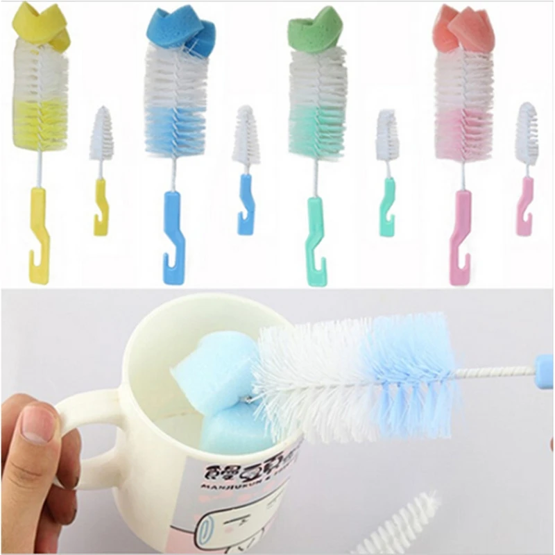 2Pcs/set Baby Nipple Milk Bottle Brushes Sponge Plastic Cleaning Set 360 Degree Sponge Cleaner + Pacifier Brush