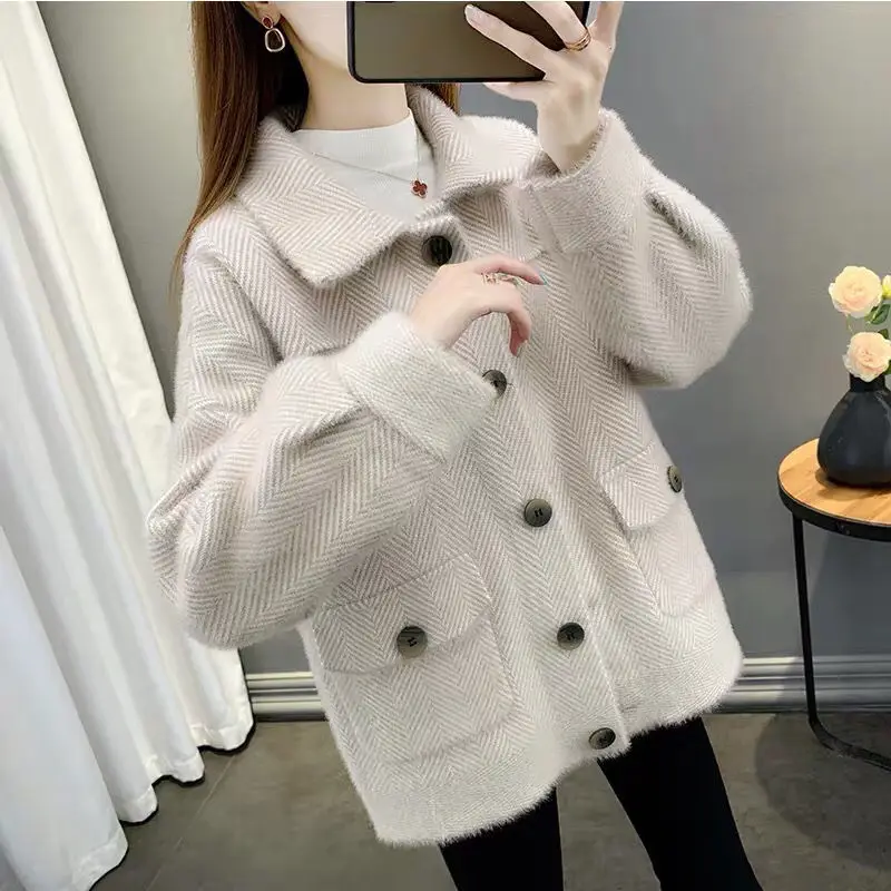 2022 New Women Woolen Jacket Female Imitation Mink Velvet Coat Ladies Short Wool Coats Lady spring Autumnr Knit Cardigan Tops C