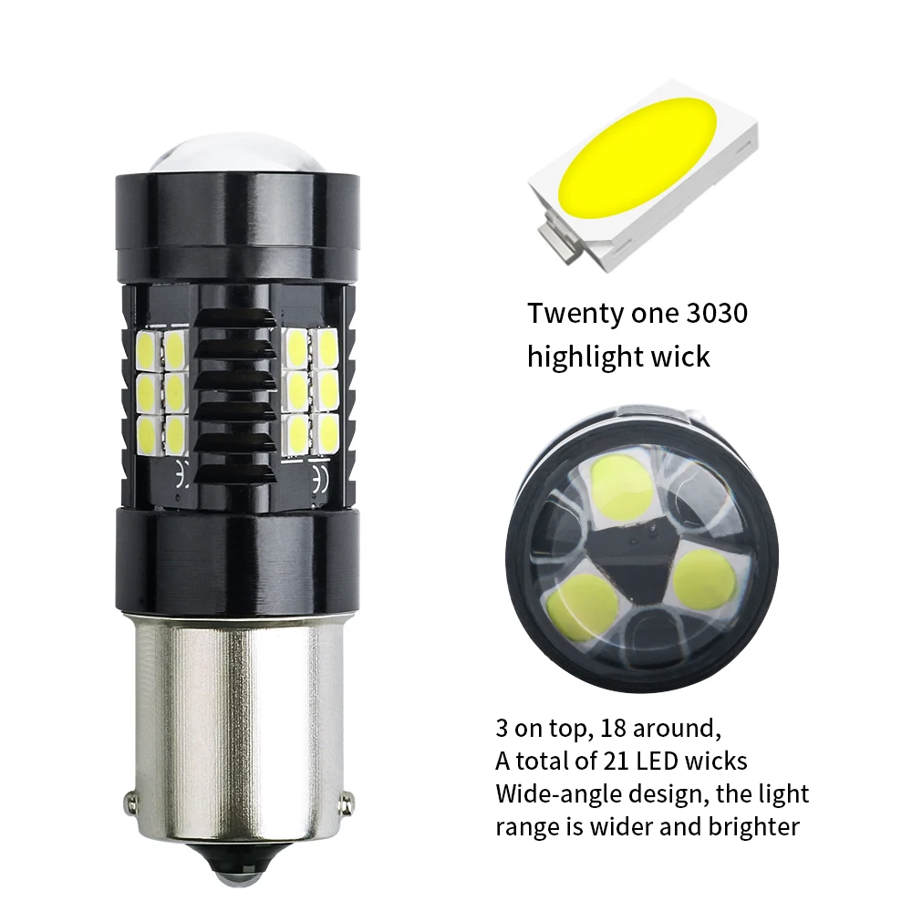 Bombilla LED de marcha atrás para coche, luz de señal de giro de 12V, 1156 BA15S P21W BAU15S PY21W BAY15D, 1157 P21/5W R5W Canbus 3030 21 SMD, 2