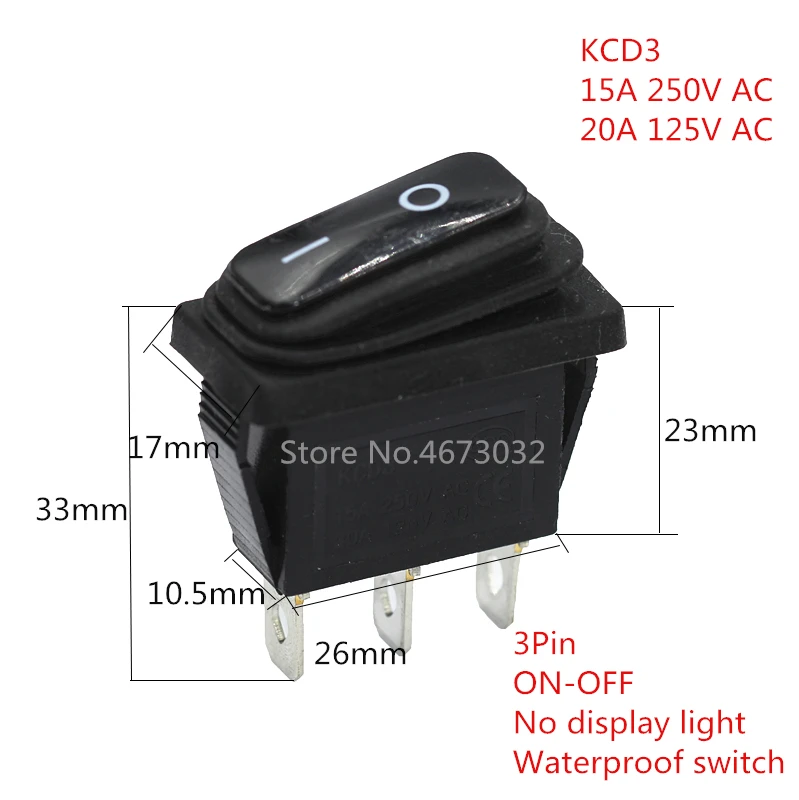 1pcs KCD3 New On Off Rectangle Long Rocker Switch with Waterproof IP67 Cover Car Dash 3PIN