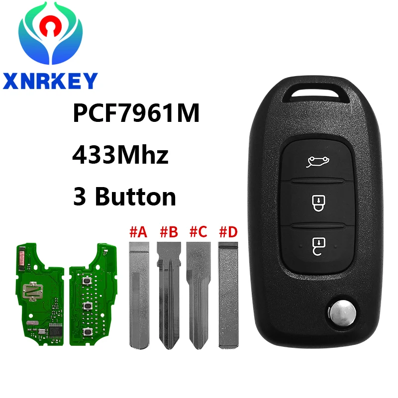 

XNRKEY 3 Button Flip Remote Key PCF7961M/4A Chip 433Mhz 4 Types of Blades for Renault Kadjar Captur Symbol Kaptur Megane Car Key