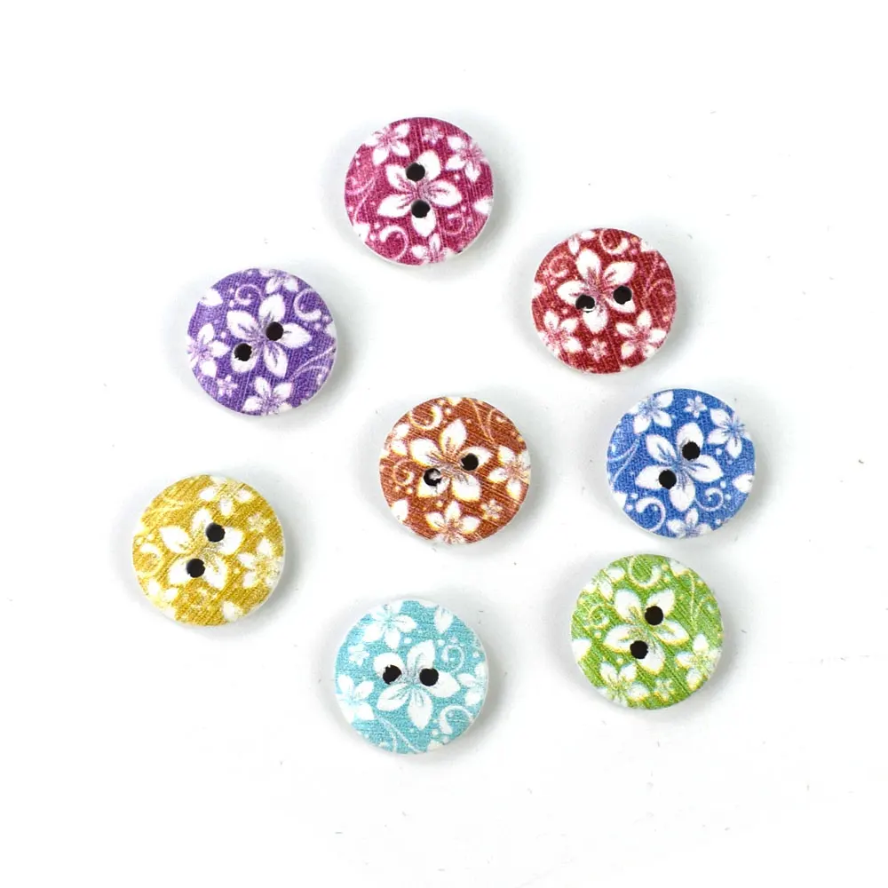 300Pcs Nieuwe Bloem Gedrukt Ronde Houten Knop 2 Gaten 15Mm Mixed Houten Knopen Naaien Accessoires Voor Kleding Decoratie diy