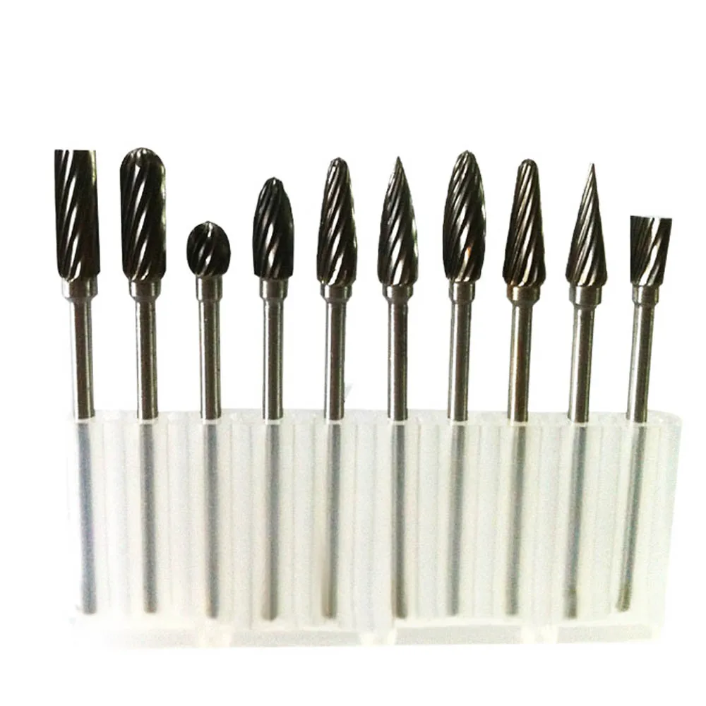 Mini 10 Pcs 1/8 Shank Tungsten Carbide Burrs Milling Cutter Rotary Drill Bit Tool Glass Diamond Grinding Carving Tools 3mm