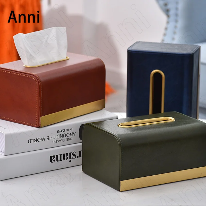 

Brass Leather Tissue Boxes European Modern Living Room Desktop Paper Towel Storage Box Hotel Restaurant Napkin Holder Home Decor