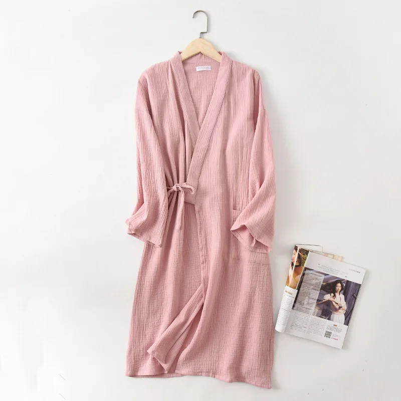 Casais crepe gaze roupão sólido 100% algodão robe manga comprida com decote em v quimono roupões de casamento pijamas plus size roupão