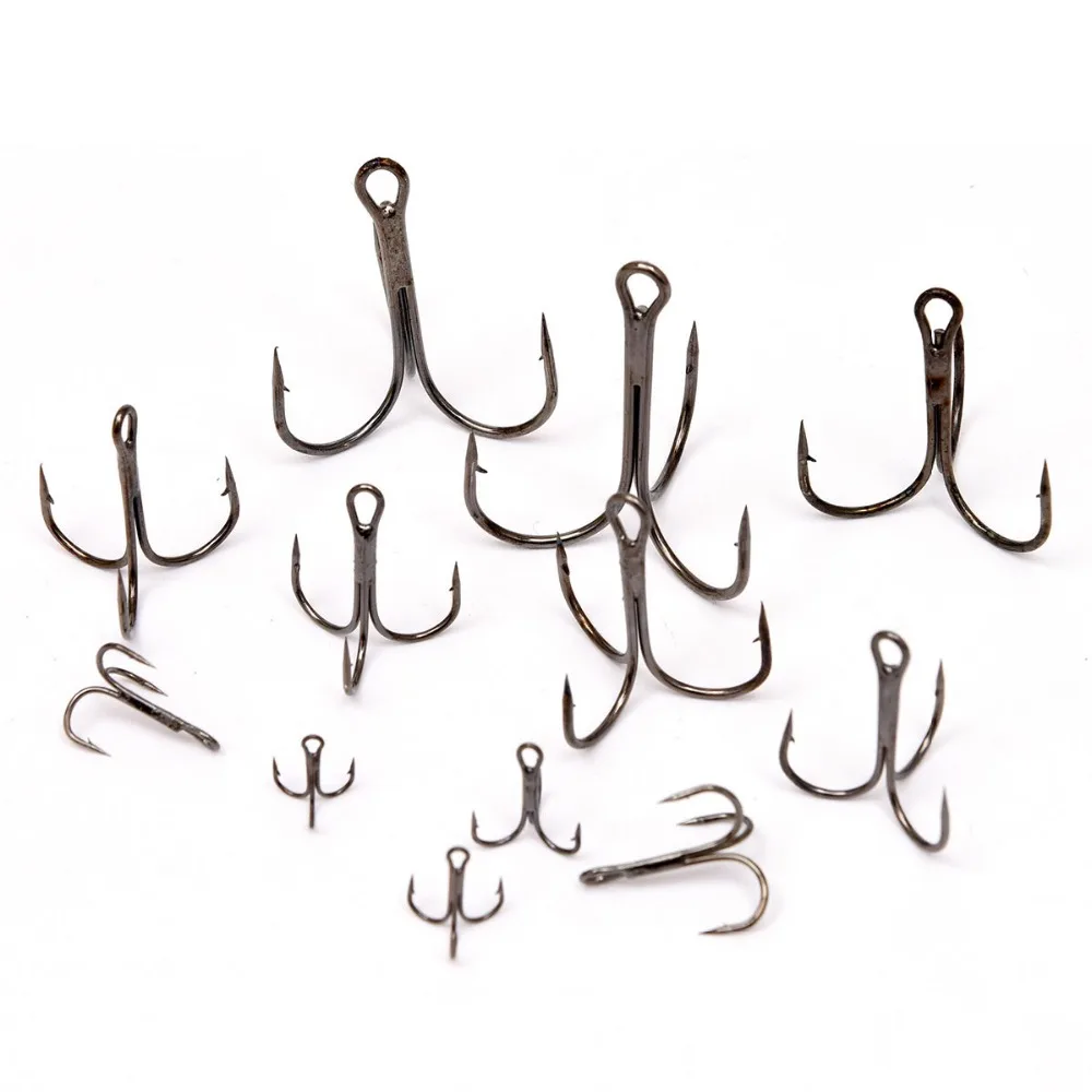100pcs Multiple Size Treble Hooks Fishing Hook for Lures Size 12 10 8 6 4 2 1 1/0 2/0 3/0 4/0 5/0 Black Color [YG0001]