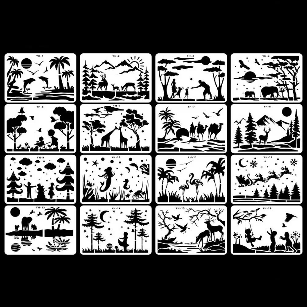 16Pcs/Set A4 Landscape Character DIY Layering Stencils Wall Painting Scrapbook Coloring Embossing Album Decorative Template