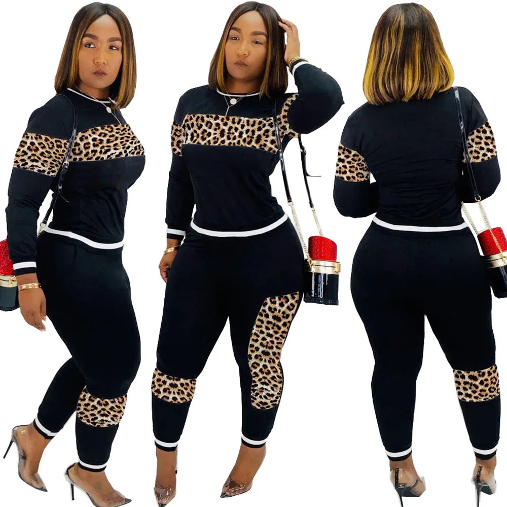 

2020 Leopard Camouflage Two Pieces Set Women's Sports Suit Long Sleeve Sweatshirt and Sweatpants Casual Tracksuit Jogging Femme