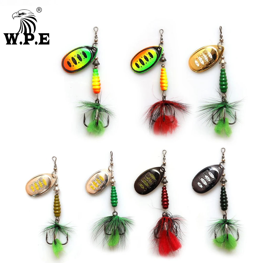 W.P.E KOMODO 1pcs Spinner Lure 8.5g Brass Metal Spoon Fishing Lure Feather Treble Hook Bass Lure Hard Bait Fishing Tackle Pike