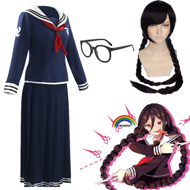 5pics Danganronpa2 Toko Fukawa Anime  Fukawa Toko Cosplay Costume for Women Dangan-Ronpa School Uniform Costume Wig Glasses