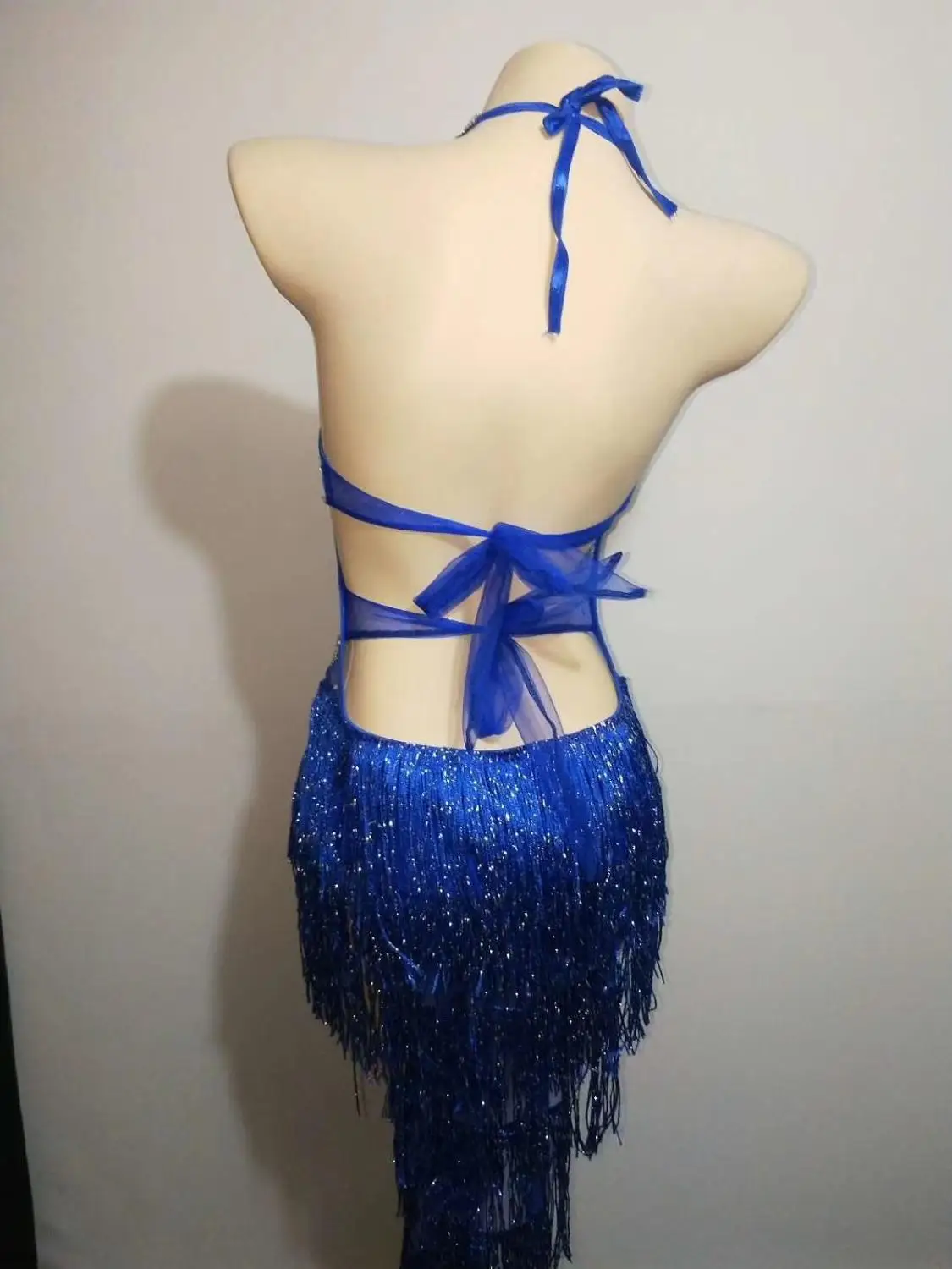 Women Sexy See-through Rhinestones Blue Tassel Bodysuit With Glove Women Nightclub Costume Bar DJ Singer Dancer Stage Wear