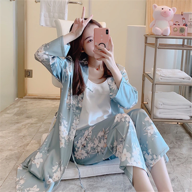 Three-piece nightgown female autumn Korean silky sexy long-sleeve sleepwear printed trousers home wear elegant bathrobe pijamas