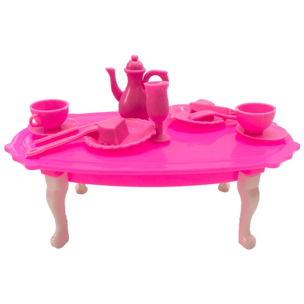 1 Set Doll Furniture For Barbie Dolls Accessories Toys Dolls Pink Afternoon Tea Dinner Table With Food And Cup  Baby Toys