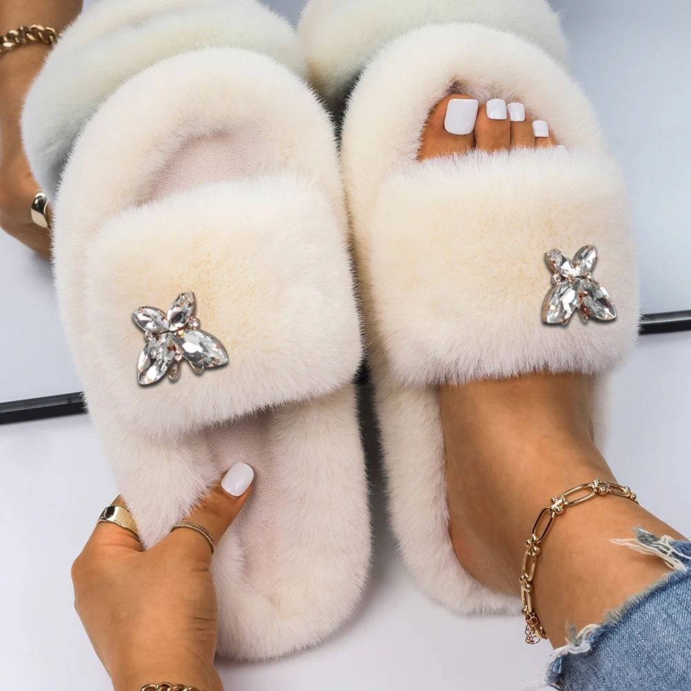 Slippers Women Luxury Rhinestone Butterfly Faux Fur Slides Fluffy Flip Flops Platform Fur Sandals Plush Slippers Casual Shoes