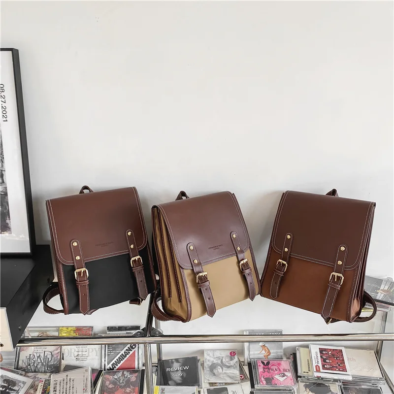 Retro Fashion Woman Backpack Pu Leather Big School Backpack Bags for Teenagers Girls 2021 Simple New Designer Hand Shoulder Bags