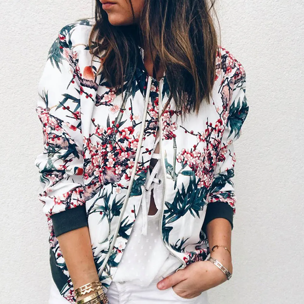 Gentillove-Chaqueta Bomber informal con estampado Floral, abrigo elegante con cremallera, ropa de oficina ajustada, Prendas de Vestir Vintage,
