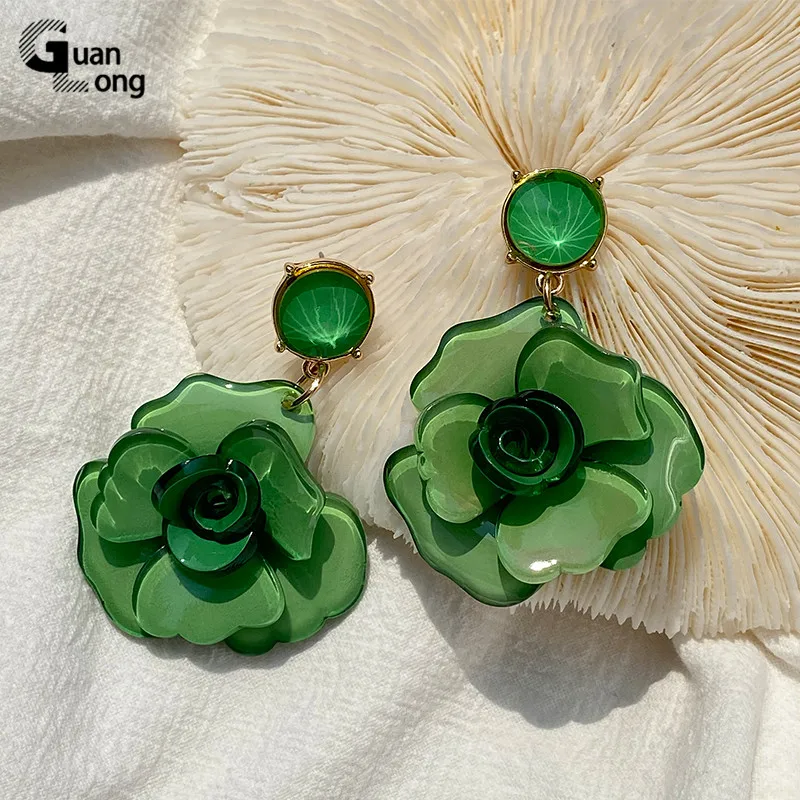 GuanLong Hot Trendy Flower Drop Earrings For Women Korean Resin Long Dangle Earrings Trend Big Hanging Fashion Jewelry For Girls