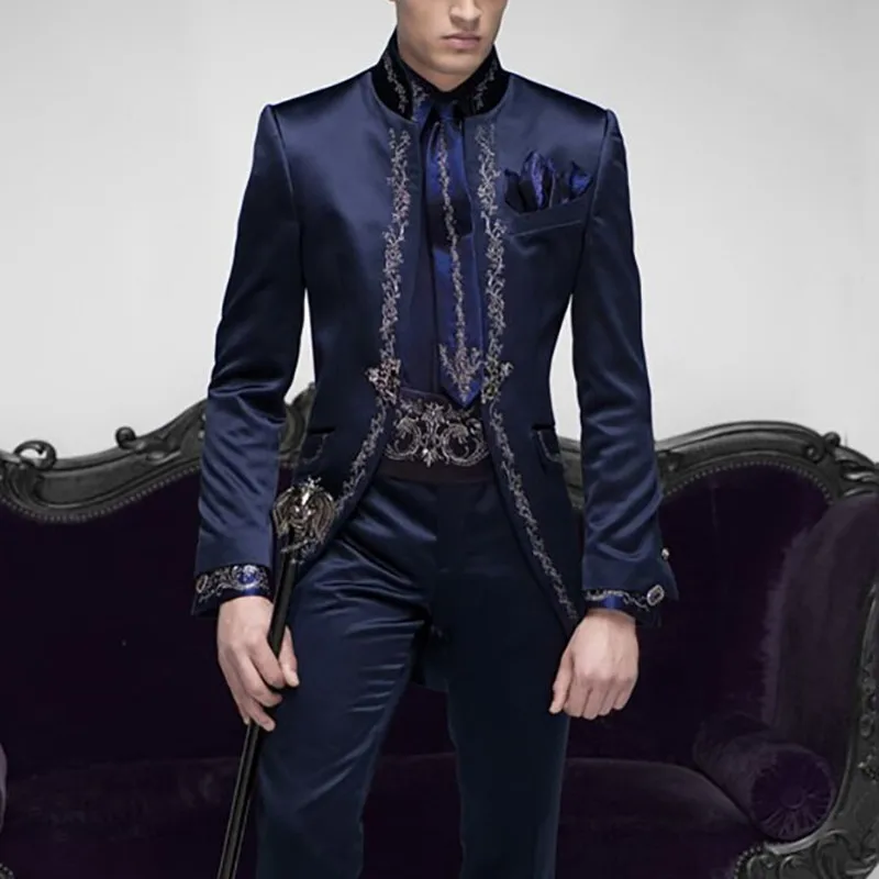 Tailor Made Italian Embroidery Navy Blue Men Suits Slim Fit Groom Prom  2 Piece Male Blazer Luxury Brand Jacket+Pants