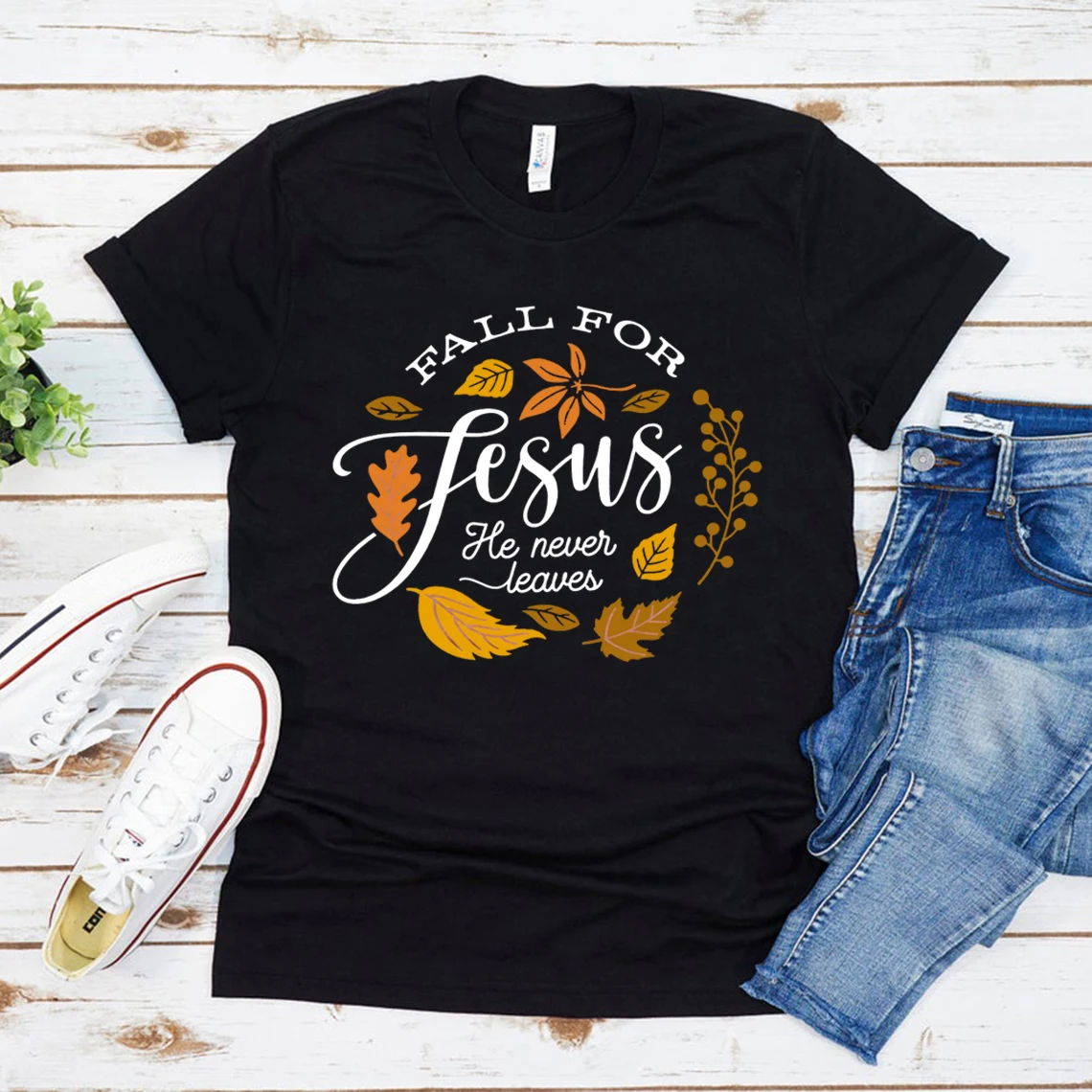 

Fall for Jesus He Never Leaves T Shirt Thanksgiving Shirt Women Fall Shirts Graphic Tees Short Sleeve T-shirt Casual Tops Female