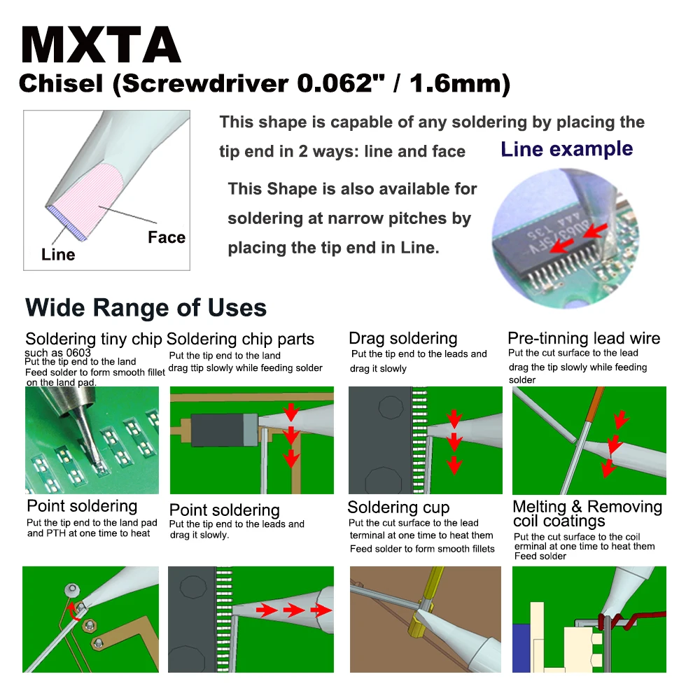 Puntas de soldadura MXTA de 10 piezas, cincel de 1,6mm, reemplazo apto para WELLER WSD71 WSDT1 WP70, estación de hierro