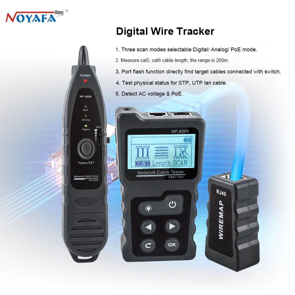 NOYAFA NF-8209 케이블 추적기 Lan 디스플레이 측정 테스터 네트워크 도구, LCD 디스플레이 측정 길이 와이어맵 테스터