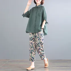 Pant Suits Women Summer New Korean Loose Fashion Sets Thin Cotton Shirt+Trousers Suit Female Retro Two Piece Set Women Green set