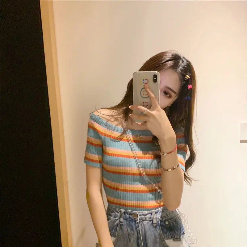 Woman TShirts Vintage Stripe Short-Sleeved Knitted T-shirt Women\'s off-Shoulder Slim Top Crop Top Mujer Camisetas