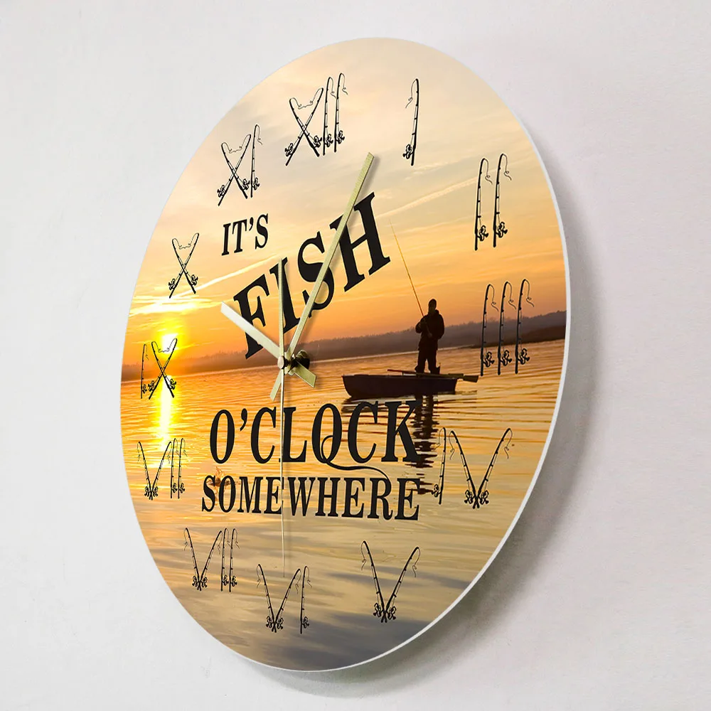 It's Fish'o Clock Somewhere Fishing Boat Sunset Scenery Wall Clock Fisherman Fishing Pole Rod Roman Numerals Home Decor Clock