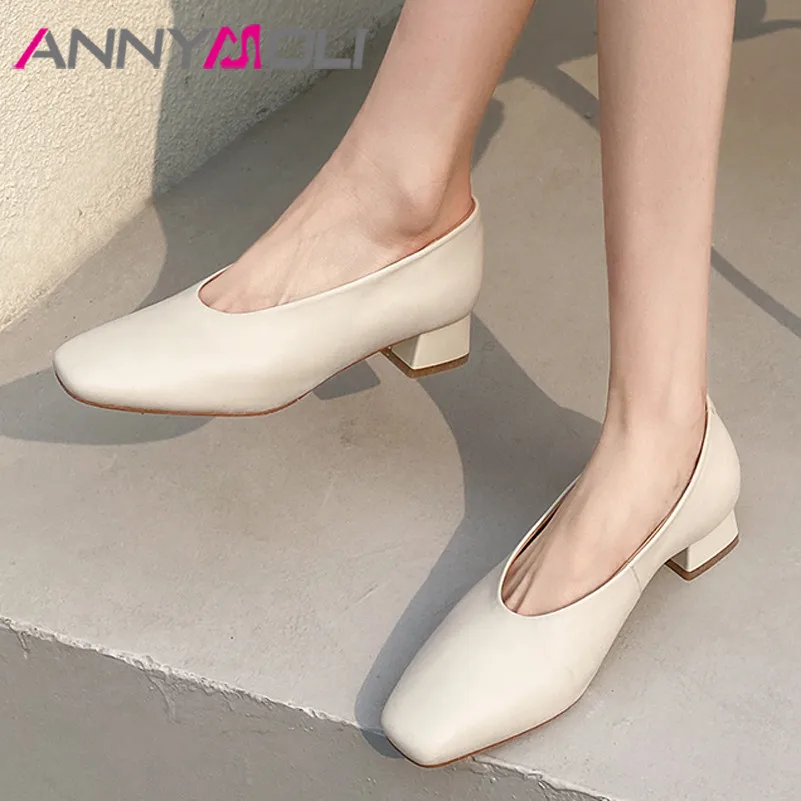 

ANNYMOLI Natural Genuine Leather Square Toe Med Heels Women Shoes Pumps Block Heel Office Ladies Footwear Spring Brown Size 40