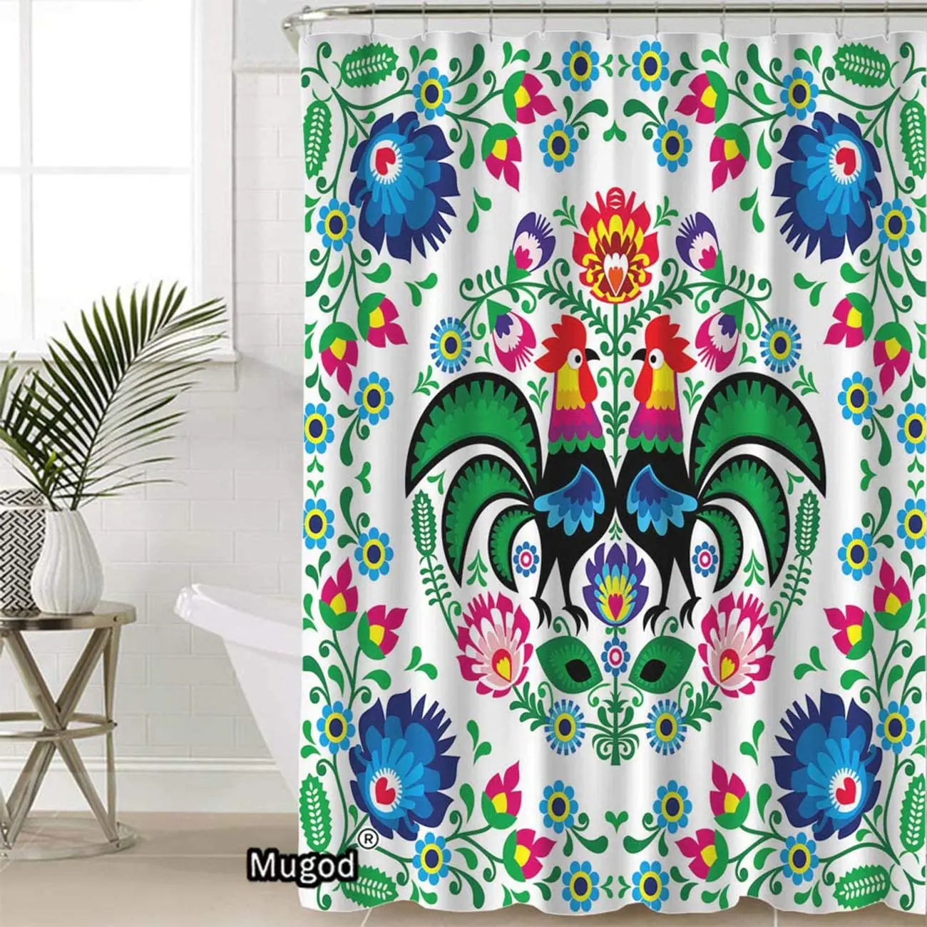 Poland Flowers Shower Curtains Polish Floral Folk Art Square Pattern with Rooster Decorative