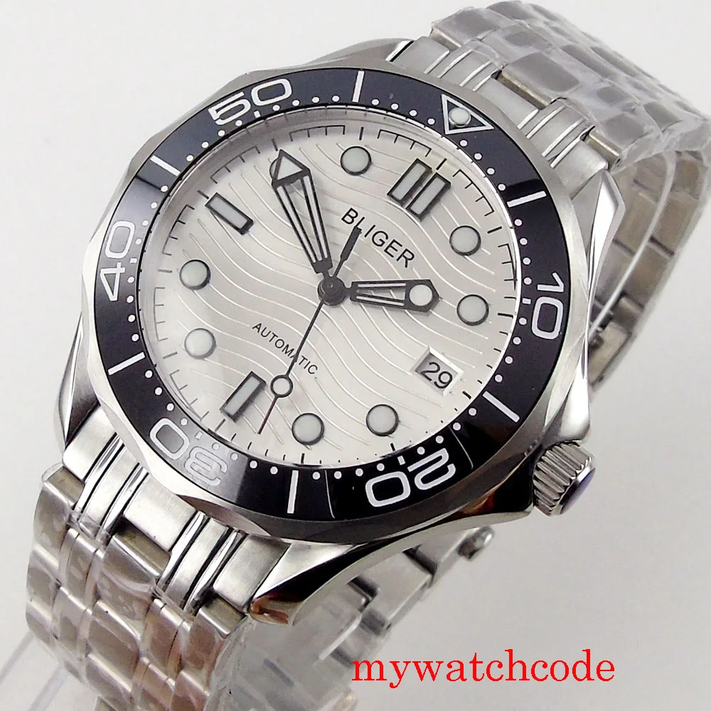 Bliger คุณภาพสูง24 Jewels NH35อัตโนมัติ41มม.นาฬิกาผู้ชายสีขาว Dial Sapphire คริสตัลสายข้อมือโลหะตัวบ่งชี้วันที่